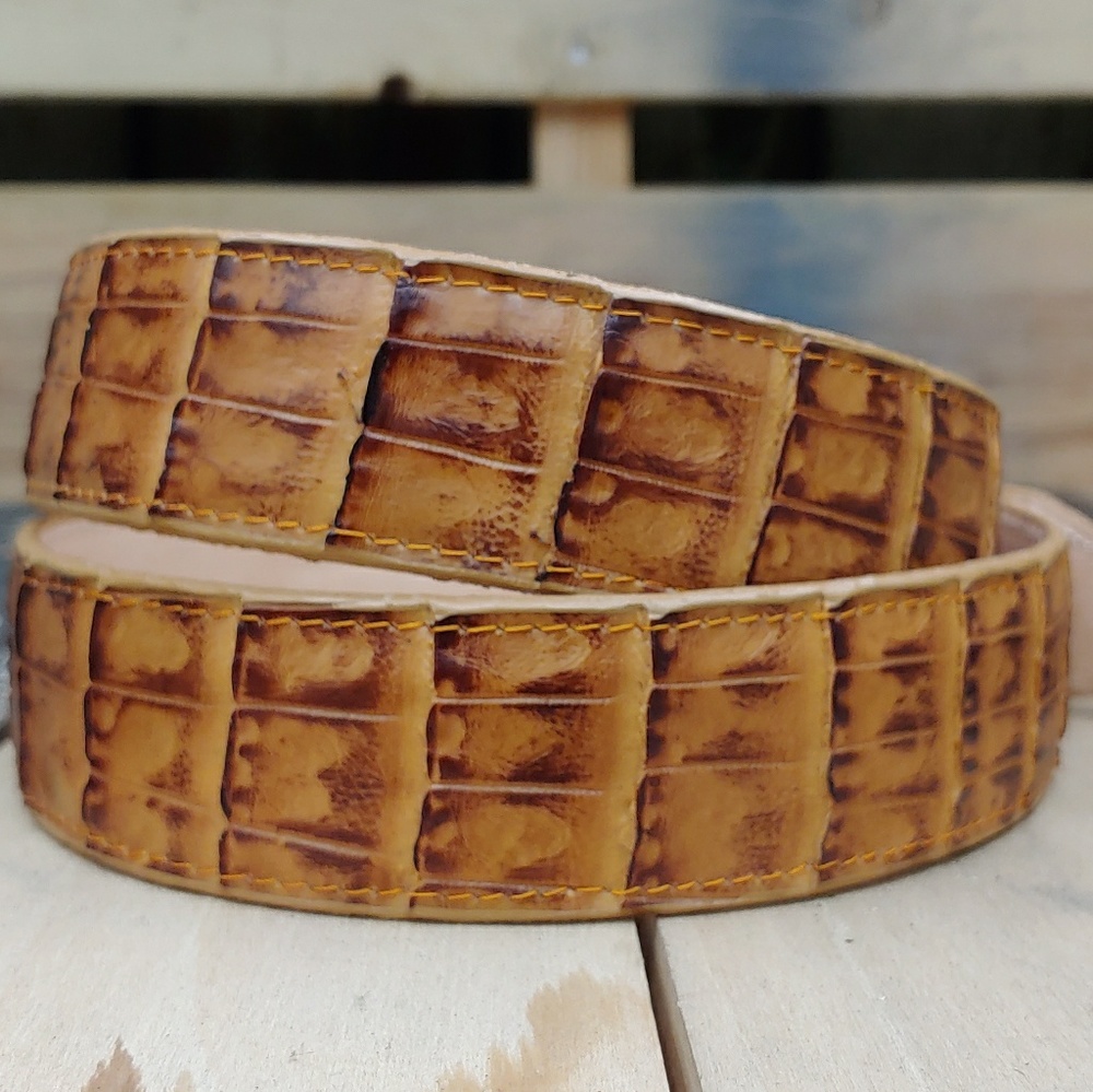 Mens Leather Belt Crocodile Belly Print Cognac - Picture 2 of 7